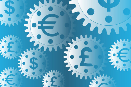 Vector concept, money makes the world go round. A gear mechanism with dollar, euro and pound sterling currency signs