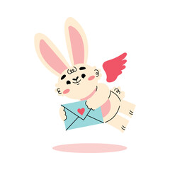Cute Cupid Bunny with Wings Flying with Envelope Vector Illustration