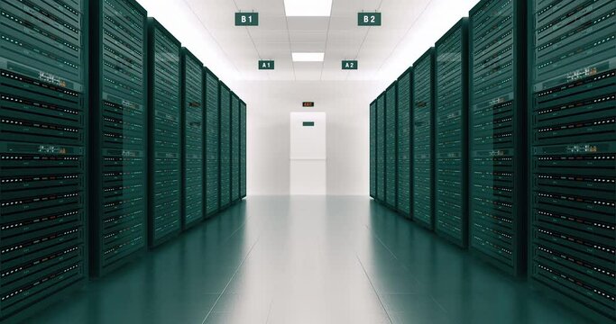 Server room in modern data center. Cloud computing. Server racks of network and information servers behind glass panels.