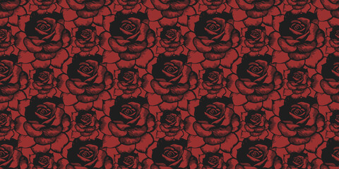 Vector seamless pattern. Black-red rose of different sizes, symmetrically arranged. Ornamental plant, texture or background.