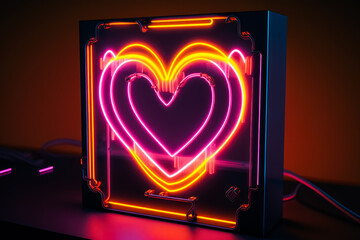 Heart shaped neon sign, Synthwave, cyberpunk, realistic 3D generative AI,  colorful glow, box, cage, tabletop