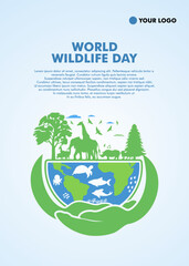 World Wildlife Day social media template. Happy wildlife day 3 March. Wild animals with African safari  and sea animals decoration for animal care