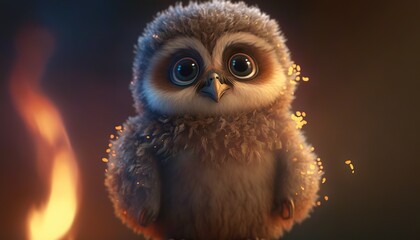  a little owl sitting on top of a table next to a lit fire place with glowing eyes and a blurry back ground behind it.  generative ai