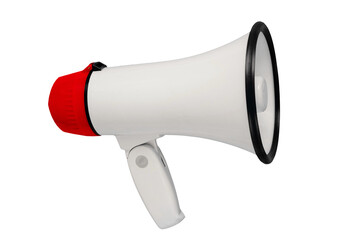 White and red megaphone isolated from background. Alarm and announcement - obrazy, fototapety, plakaty