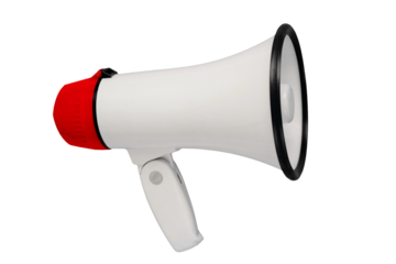 White and red megaphone isolated from background. Alarm and announcement