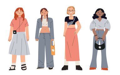 Set of stylish young women dressed in trendy clothes. Collection of casual streetstyle outfits. Vector cartoon  style illustration.