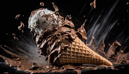  a chocolate ice cream cone with chocolate splashing out of the ice cream cone on top of the ice cream cone is on a black background.  generative ai