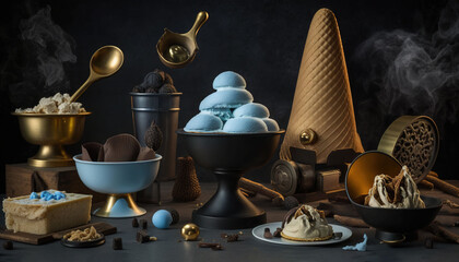  a table topped with lots of different types of desserts and ice creams on top of a wooden table next to a bowl of ice cream.  generative ai