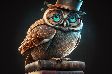 Cunning owl in a hat and glasses sits on books