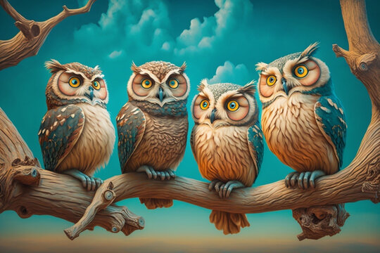 5 funny owls are sitting on a branch