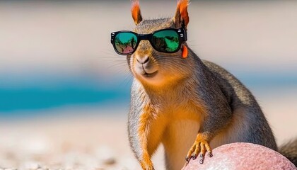 Fototapeta na wymiar a squirrel with sunglasses on its head and a ball in front of him on the beach with a blurry background of sand and water. generative ai