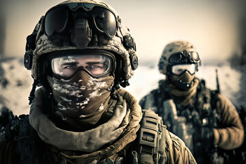 Close up of a modern soldier with mask and helmet during winter. Generated by AI.