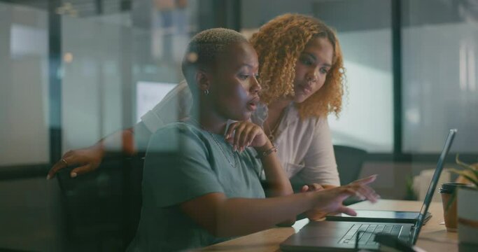 Office glass window, laptop and team discussion on social network feedback, customer experience or ecommerce. Brand monitoring, partnership collaboration or black women review online survey analytics