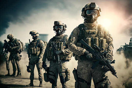 Modern soldiers with rifles, uniform , helmet and mask in a sandy background. Generated by AI.