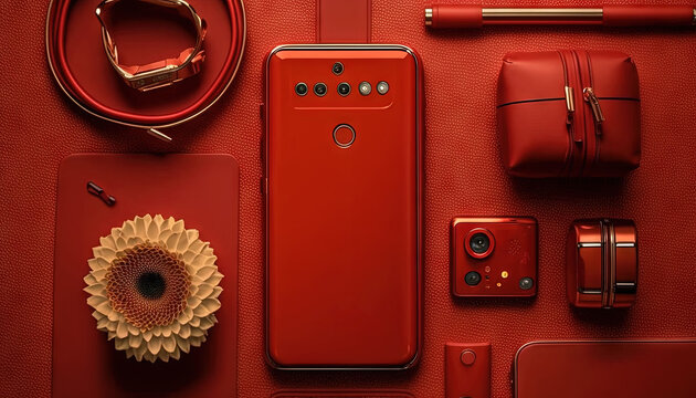  A Red Cell Phone Sitting On Top Of A Red Table Next To A Red Bag And A Red Flower And A Red Phone Case With A Gold Ring.  Generative Ai