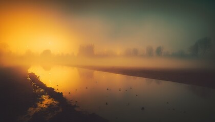 Fototapeta na wymiar a foggy sunset over a body of water with a city in the distance and ducks in the water in the foreground, and the sun in the distance. generative ai