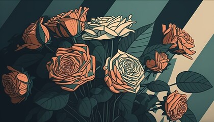  a bouquet of roses on a black and white striped background with a blue and white stripe wall behind it and a black and white striped wall behind it.  generative ai