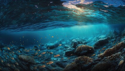 Obraz premium an underwater view of a coral reef with sunlight shining through the water's bubbles and corals on the bottom of the water's surface. generative ai