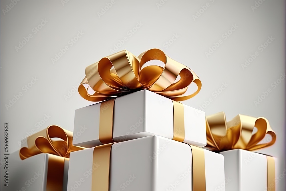 Poster blank white backdrop with writing space and a stack of white gift boxes with gold ribbons generative