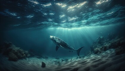  a large fish swims through the water near the shore line of a coral reef, with sunlight streaming through the water's surface.  generative ai