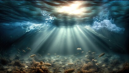  an underwater view of a coral reef with sunlight streaming through the water and fish swimming in the water below the water surface, with sunlight streaming through the water.  generative ai
