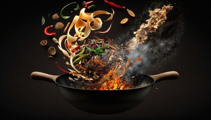  a wok filled with lots of food cooking on top of a black tablecloth covered in spices and other ingredients, with a wooden spoon in front of the wok.  generative ai - obrazy, fototapety, plakaty