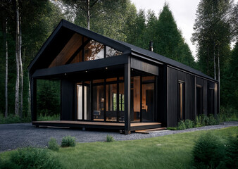 Exterior concept a modern black minimalist stylish house in 3d rendering style; Generative AI