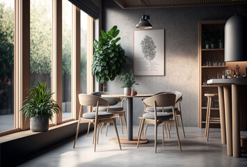 Fototapeta premium Stylish japandy interior cafe with wooden furniture, Generative AI