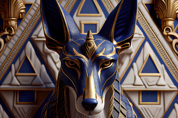 Mythological god Anubis made mof azulejos white and blue, created with Generative AI