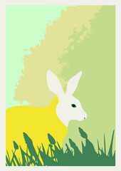 Set of backgrounds for the text dedicated to the holiday of Easter.   . Spring morning meadow with easter bunny, basket with eggs. Cute picture nature animals sunny colors. Set of Easter backgrounds