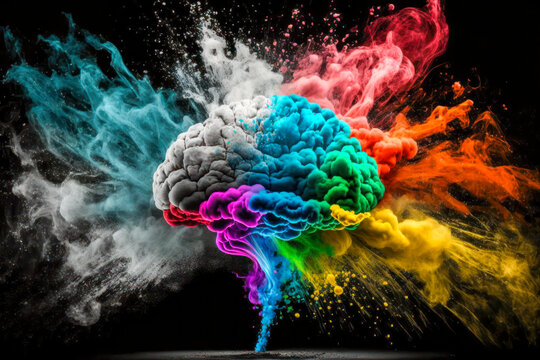 brain explosion with multicolored powder on a black background. Generative AI.