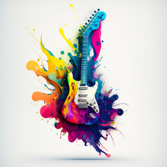 guitar with colorful paint splatters on it. Generative AI. - obrazy, fototapety, plakaty