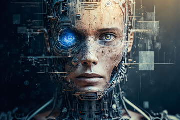 Fototapeta na wymiar AI woman with blue eyes and a futuristic face. Generative AI.