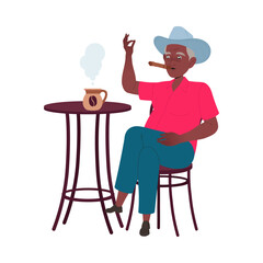Mexican Man in Hat Drinking Hot Aromatic Coffee Beverage Sitting at Table Vector Illustration