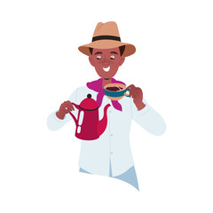 Man in Hat Drinking Hot Aromatic Coffee Beverage Vector Illustration