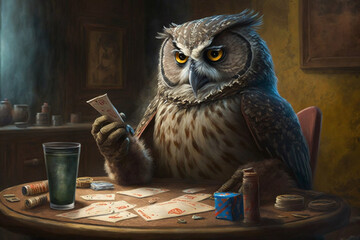 Owl sits at a poker table in a club
