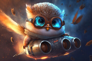 funny baby owl in a flying object with aviator goggles in the sky 