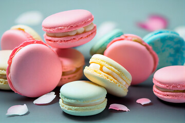 Fototapeta na wymiar pastellfarbene Macarons. Bunte französische Desserts - Generative Ai