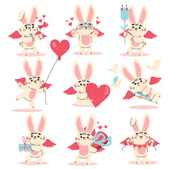 Cute Cupid Bunny with Wings and Heart as Love and Affection Symbol Vector Set