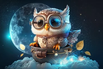 Fotobehang funny baby owl in a flying object with aviator goggles in the sky © artefacti