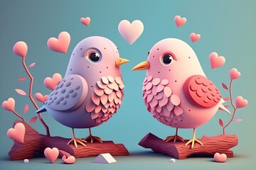 Illustration of a cute couple of birds in love, valentines day concept. Generative AI.