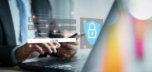Cyber Security Data Protection Business Technology Privacy concept. user typing login and password, cyber security concept, data protection and secured internet access, cybersecurity.
