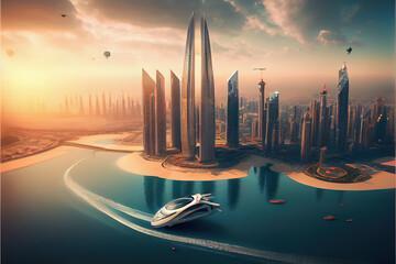 Futuristic dubai realistic detailed with flying drones. Generative AI