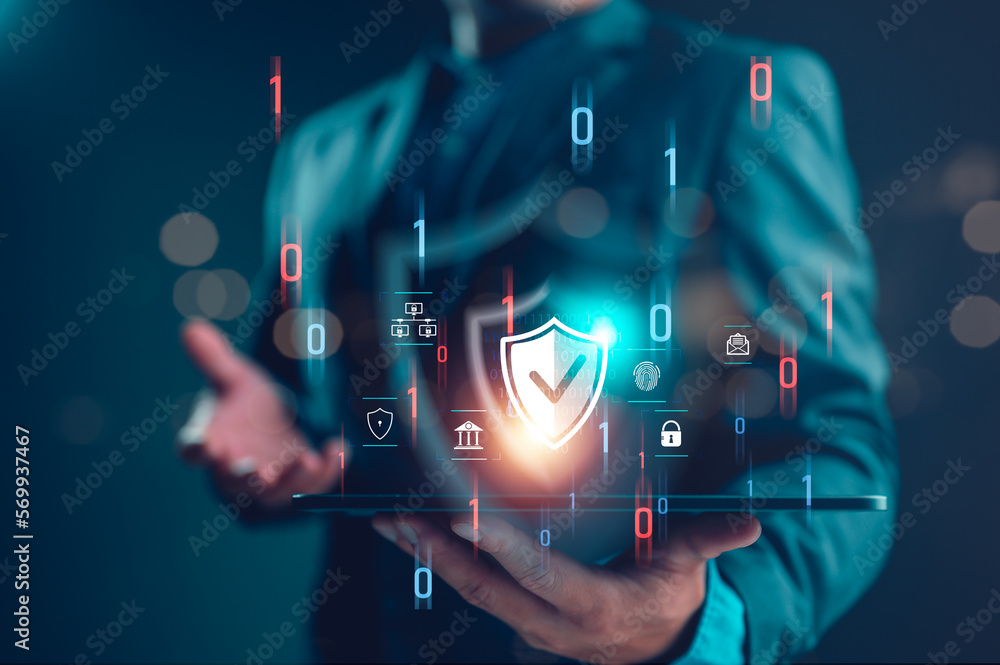 Aufkleber Cybersecurity and privacy concepts to protect data. shield icon and internet network security technology. Businessman protecting personal data on tablet with virtual screen interfaces. cyber security.