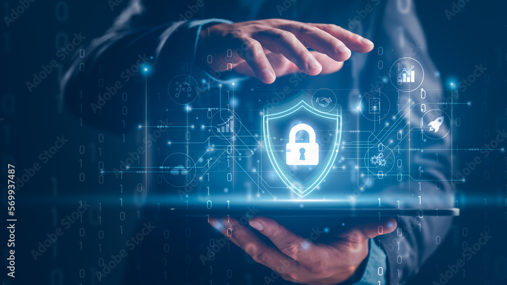 Aufkleber Cybersecurity and privacy concepts to protect data. shield icon and internet network security technology. Businessman protecting personal data on tablet with virtual screen interfaces. cyber security.