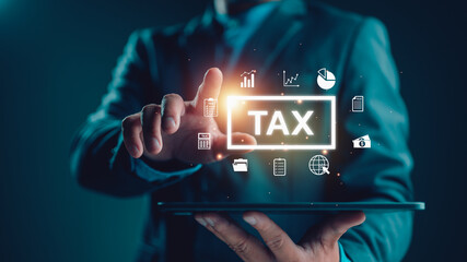 e-tax, Businesman show TAX for Individual income tax return form online for tax payment concept. Government, state taxes. Data analysis, paperwork, financial research, report. Calculation tax return. - obrazy, fototapety, plakaty