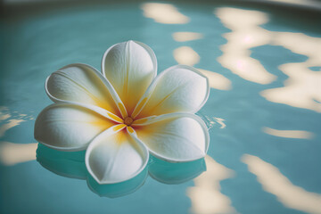 A plumeria flower floats on the water of a swimming pool in a tropical spa resort. Close-up. Photorealistic drawing generated by AI.