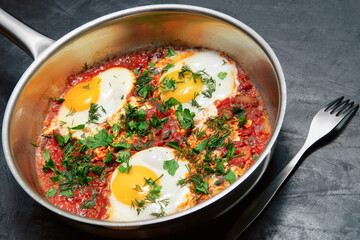Tasty and healthy shakshuka, Middle Eastern omelette in frying pan. Delicious scrambled eggs cooked in spicy tomato pepper sauce