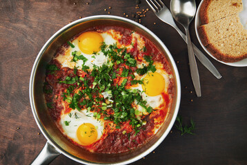 Tasty and healthy shakshuka, Middle Eastern omelet in a frying pan. Yummy scrambled eggs cooked in spicy tomato pepper sauce on rough wooden table. Top view