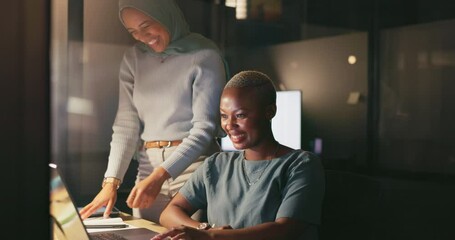 High five, laptop or business people celebrate good social media feedback, customer experience or web ecommerce. Brand monitoring, diversity success women or night team excited for online growth data